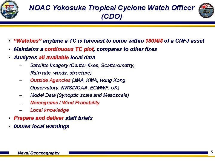 NOAC Yokosuka Tropical Cyclone Watch Officer (CDO) • “Watches” anytime a TC is forecast