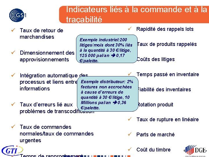 Indicateurs liés à la commande et à la traçabilité ü Taux de retour de