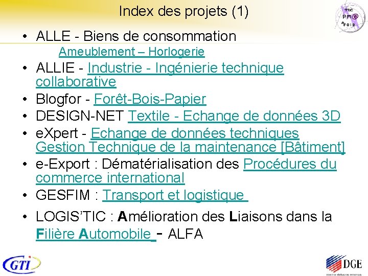 Index des projets (1) • ALLE - Biens de consommation Ameublement – Horlogerie •