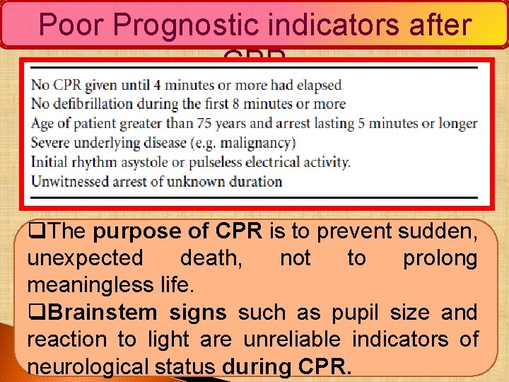 Poor Prognostic indicators after CPR q. The purpose of CPR is to prevent sudden,