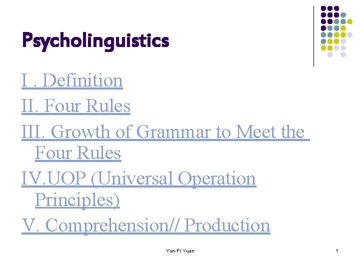 Psycholinguistics I. Definition II. Four Rules III. Growth of Grammar to Meet the Four