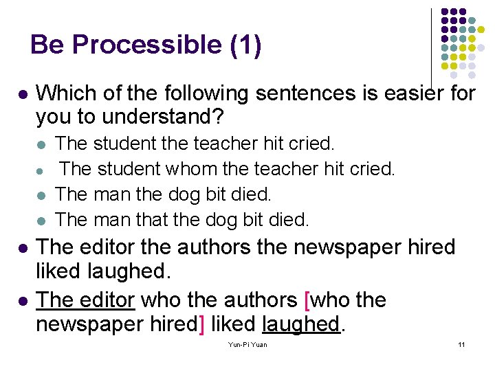 Be Processible (1) l Which of the following sentences is easier for you to
