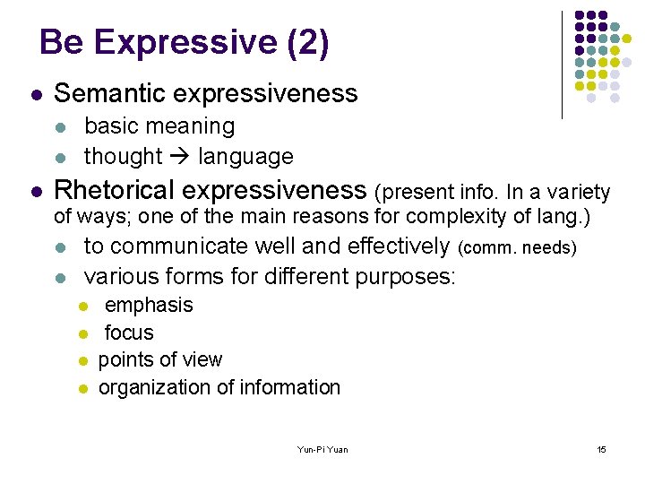 Be Expressive (2) l Semantic expressiveness l l l basic meaning thought language Rhetorical