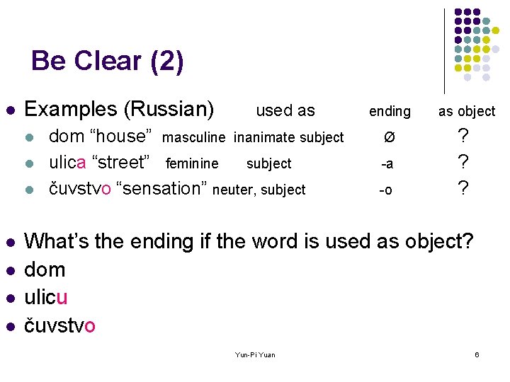 Be Clear (2) l Examples (Russian) l l l l used as dom “house”