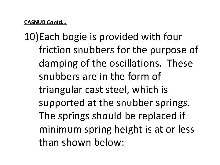 CASNUB Contd… 10)Each bogie is provided with four friction snubbers for the purpose of CASNUB Contd… 10)Each bogie is provided with four friction snubbers for the purpose of