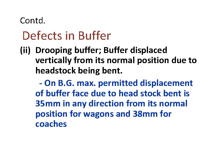 Contd. Defects in Buffer (ii) Drooping buffer; Buffer displaced vertically from its normal position Contd. Defects in Buffer (ii) Drooping buffer; Buffer displaced vertically from its normal position