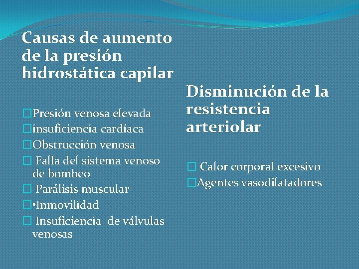 Causas de aumento de la presión hidrostática capilar �Presión venosa elevada �insuficiencia cardíaca �Obstrucción