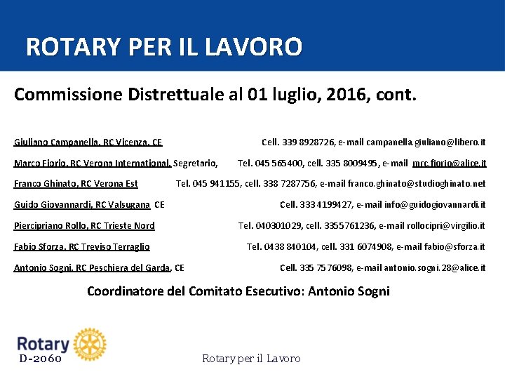 ROTARY PER IL LAVORO Commissione Distrettuale al 01 luglio, 2016, cont. Giuliano Campanella, RC