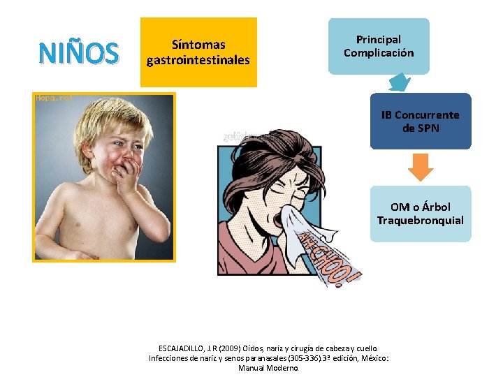 NIÑOS Síntomas gastrointestinales Principal Complicación IB Concurrente de SPN OM o Árbol Traquebronquial ESCAJADILLO,