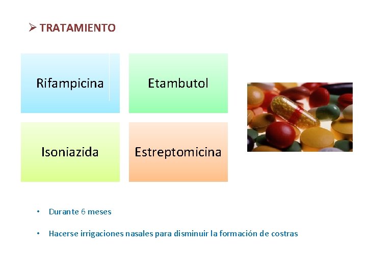 Ø TRATAMIENTO Rifampicina Etambutol Isoniazida Estreptomicina • Durante 6 meses • Hacerse irrigaciones nasales