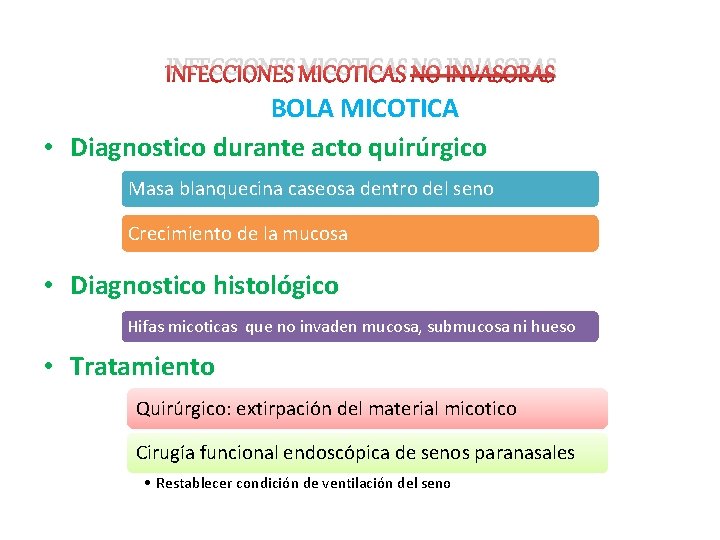 INFECCIONES MICOTICAS NO INVASORAS BOLA MICOTICA • Diagnostico durante acto quirúrgico Masa blanquecina caseosa