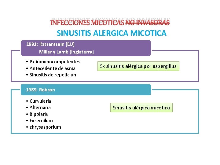 INFECCIONES MICOTICAS NO INVASORAS SINUSITIS ALERGICA MICOTICA 1991: Katzentsein (EU) Millar y Lamb (Inglaterra)