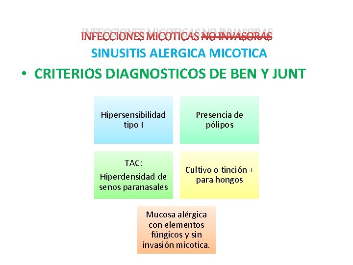 INFECCIONES MICOTICAS NO INVASORAS SINUSITIS ALERGICA MICOTICA • CRITERIOS DIAGNOSTICOS DE BEN Y JUNT