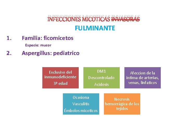INFECCIONES MICOTICAS INVASORAS FULMINANTE 1. Familia: ficomicetos Especie: mucor 2. Aspergillus: pediatrico Exclusivo del