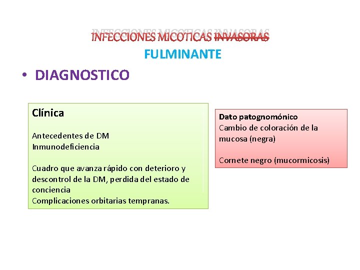 INFECCIONES MICOTICAS INVASORAS FULMINANTE • DIAGNOSTICO Clínica Antecedentes de DM Inmunodeficiencia Cuadro que avanza