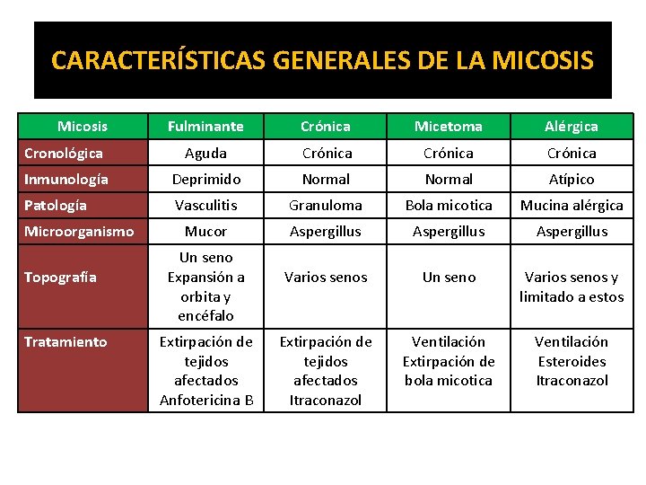 CARACTERÍSTICAS GENERALES DE LA MICOSIS Micosis Fulminante Crónica Micetoma Alérgica Cronológica Aguda Crónica Inmunología