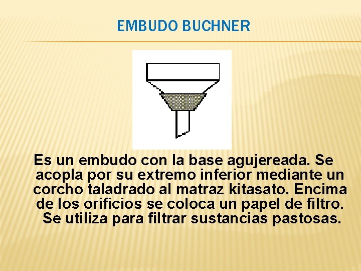 EMBUDO BUCHNER Es un embudo con la base agujereada. Se acopla por su extremo EMBUDO BUCHNER Es un embudo con la base agujereada. Se acopla por su extremo