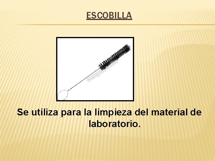ESCOBILLA Se utiliza para la limpieza del material de laboratorio. ESCOBILLA Se utiliza para la limpieza del material de laboratorio.
