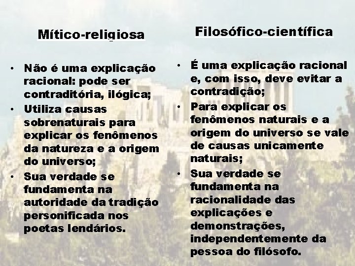 Mítico-religiosa • Não é uma explicação racional: pode ser contraditória, ilógica; • Utiliza causas Mítico-religiosa • Não é uma explicação racional: pode ser contraditória, ilógica; • Utiliza causas