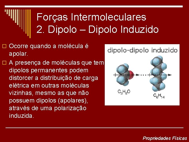 Forças Intermoleculares 2. Dipolo – Dipolo Induzido o Ocorre quando a molécula é apolar.