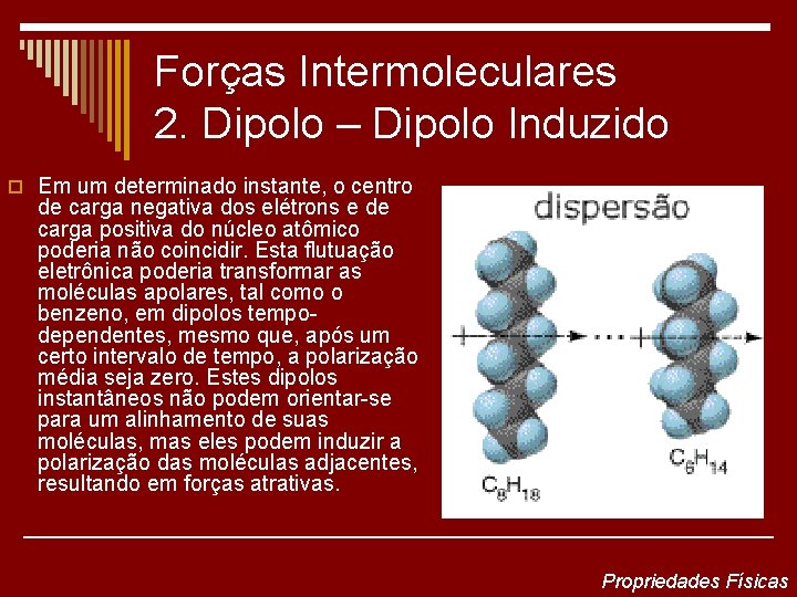 Forças Intermoleculares 2. Dipolo – Dipolo Induzido o Em um determinado instante, o centro