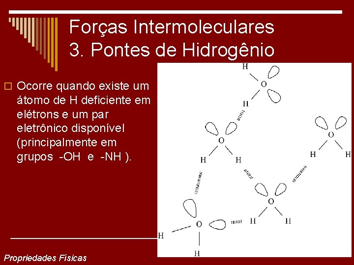 Forças Intermoleculares 3. Pontes de Hidrogênio o Ocorre quando existe um átomo de H