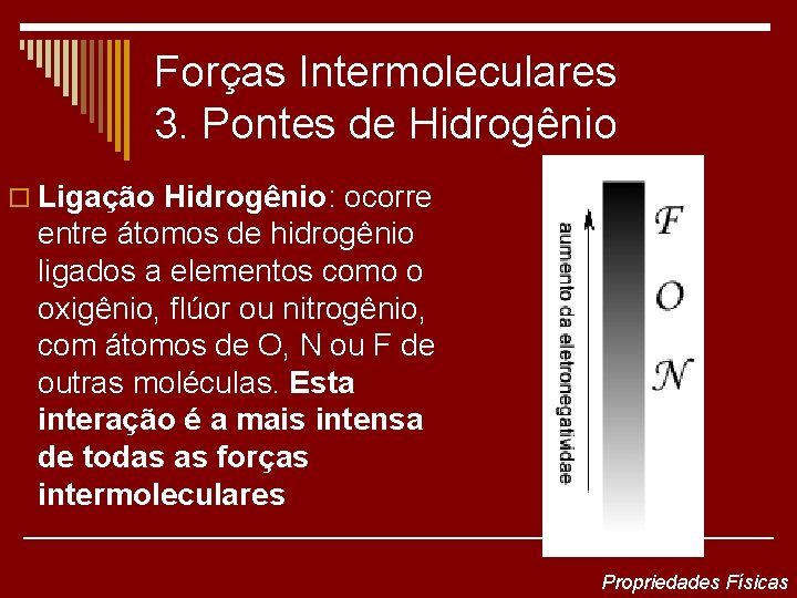 Forças Intermoleculares 3. Pontes de Hidrogênio o Ligação Hidrogênio: ocorre entre átomos de hidrogênio