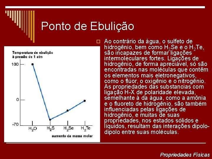 Ponto de Ebulição o Ao contrário da água, o sulfeto de hidrogênio, bem como