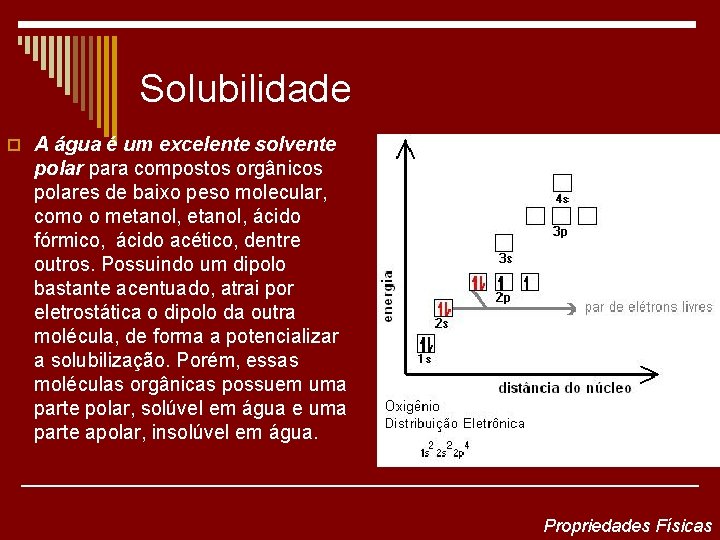 Solubilidade o A água é um excelente solvente polar para compostos orgânicos polares de