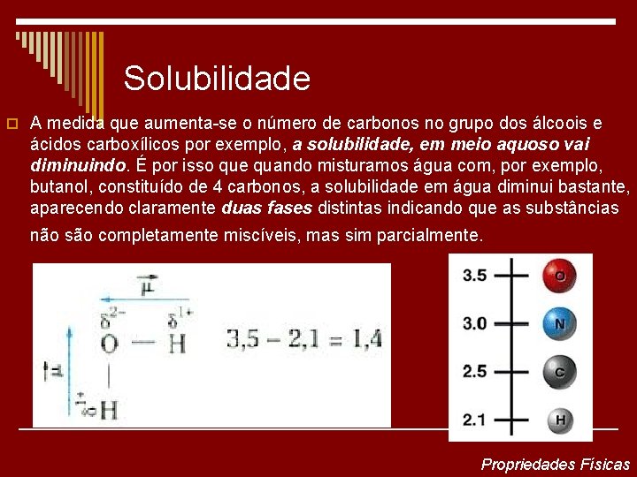 Solubilidade o A medida que aumenta-se o número de carbonos no grupo dos álcoois