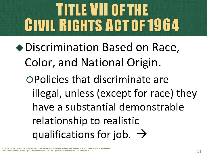 TITLE VII OF THE CIVIL RIGHTS ACT OF 1964 Discrimination Based on Race, Color,
