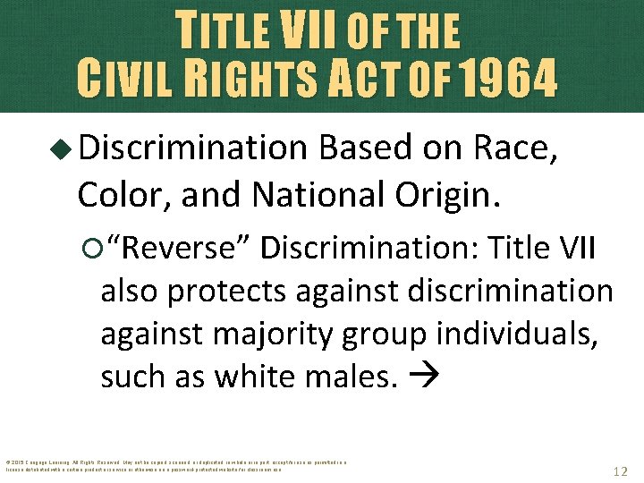 TITLE VII OF THE CIVIL RIGHTS ACT OF 1964 Discrimination Based on Race, Color,