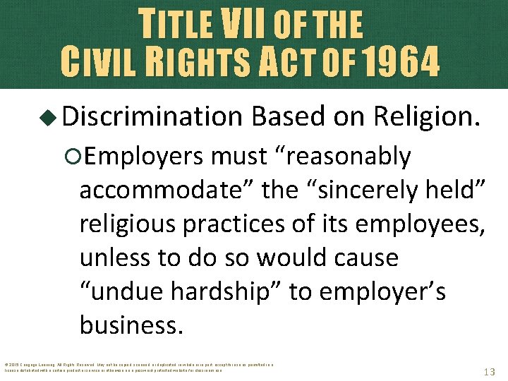 TITLE VII OF THE CIVIL RIGHTS ACT OF 1964 Discrimination Based on Religion. Employers