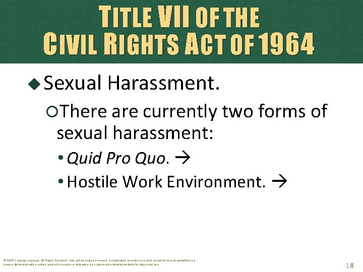 TITLE VII OF THE CIVIL RIGHTS ACT OF 1964 Sexual Harassment. There are currently