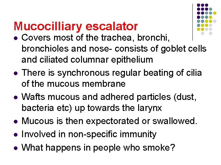 Mucocilliary escalator l l l Covers most of the trachea, bronchioles and nose- consists Mucocilliary escalator l l l Covers most of the trachea, bronchioles and nose- consists