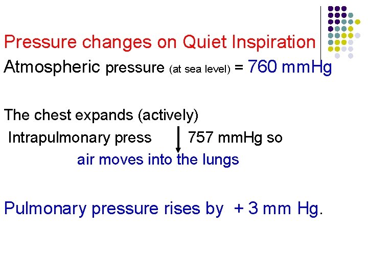 Pressure changes on Quiet Inspiration Atmospheric pressure (at sea level) = 760 mm. Hg Pressure changes on Quiet Inspiration Atmospheric pressure (at sea level) = 760 mm. Hg
