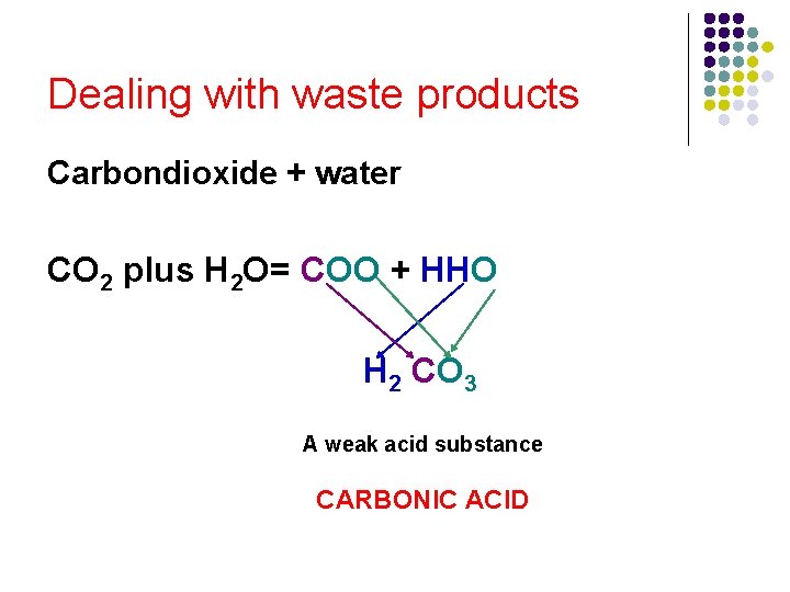 Dealing with waste products Carbondioxide + water CO 2 plus H 2 O= COO Dealing with waste products Carbondioxide + water CO 2 plus H 2 O= COO