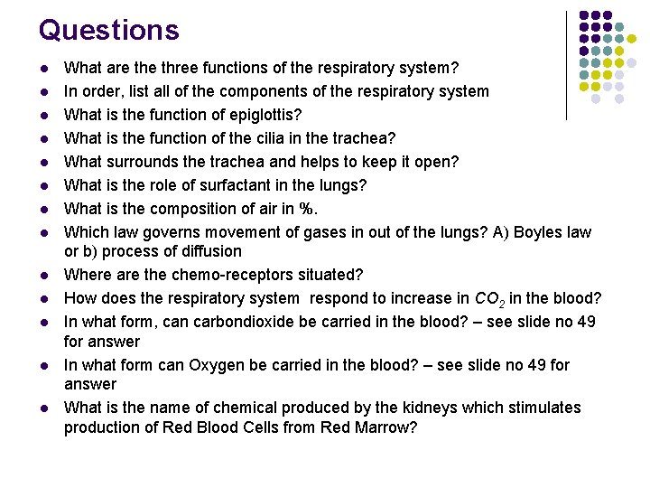 Questions l l l l What are three functions of the respiratory system? In Questions l l l l What are three functions of the respiratory system? In