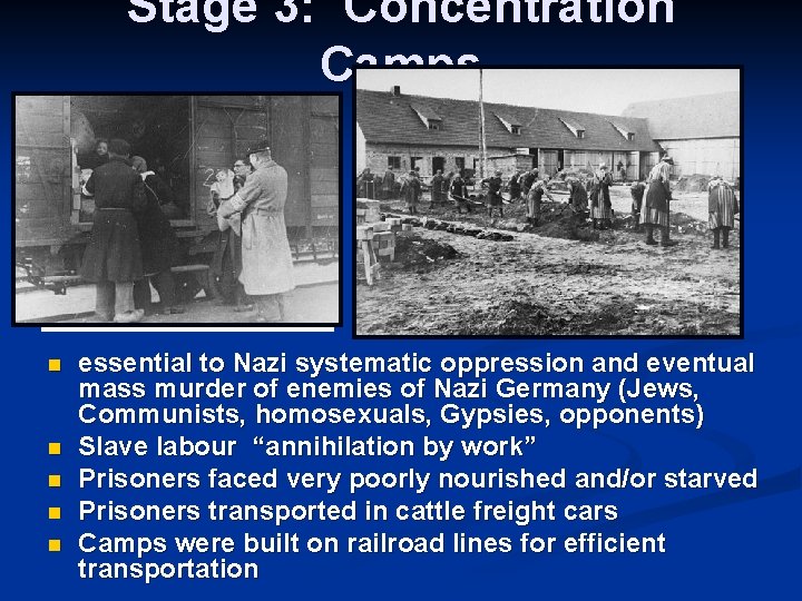 Stage 3: Concentration Camps n n n essential to Nazi systematic oppression and eventual