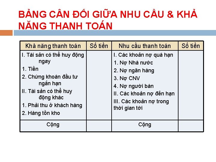 BẢNG C N ĐỐI GIỮA NHU CẦU & KHẢ NĂNG THANH TOÁN Khả năng