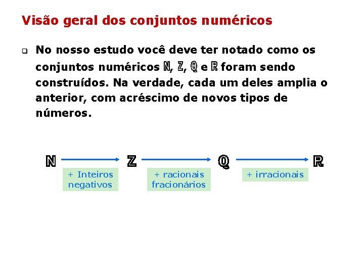 Visão geral dos conjuntos numéricos q No nosso estudo você deve ter notado como Visão geral dos conjuntos numéricos q No nosso estudo você deve ter notado como