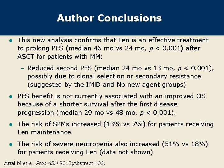 Author Conclusions l This new analysis confirms that Len is an effective treatment to