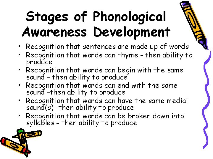 Stages of Phonological Awareness Development • Recognition that sentences are made up of words Stages of Phonological Awareness Development • Recognition that sentences are made up of words