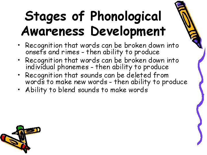 Stages of Phonological Awareness Development • Recognition that words can be broken down into Stages of Phonological Awareness Development • Recognition that words can be broken down into