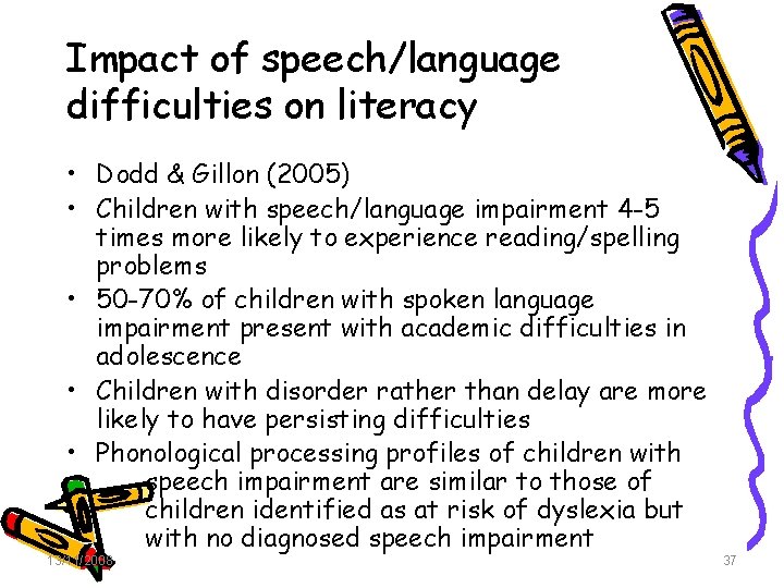 Impact of speech/language difficulties on literacy • Dodd & Gillon (2005) • Children with Impact of speech/language difficulties on literacy • Dodd & Gillon (2005) • Children with