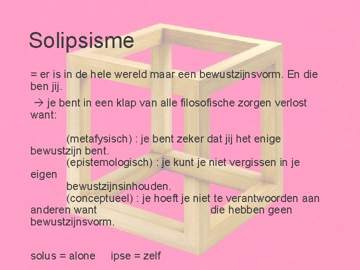 Solipsisme = er is in de hele wereld maar een bewustzijnsvorm. En die ben