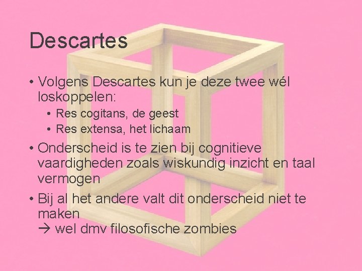 Descartes • Volgens Descartes kun je deze twee wél loskoppelen: • Res cogitans, de