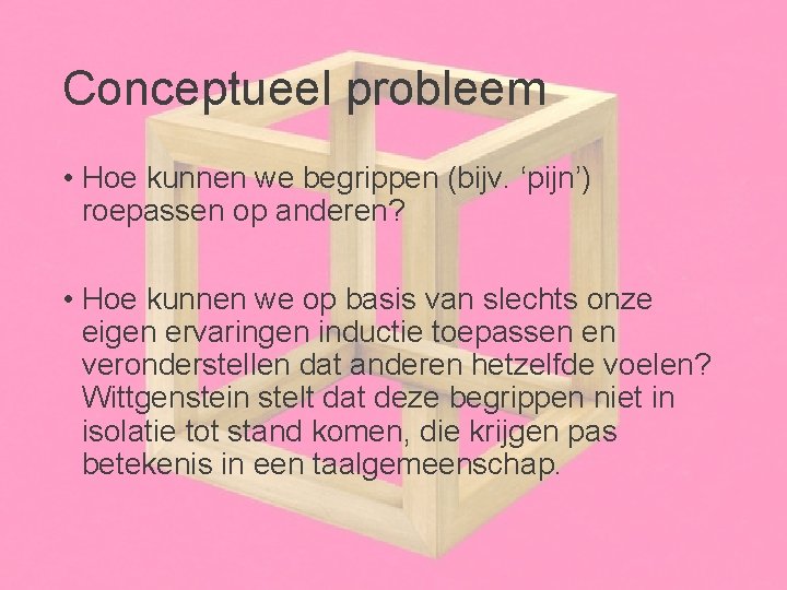 Conceptueel probleem • Hoe kunnen we begrippen (bijv. ‘pijn’) roepassen op anderen? • Hoe