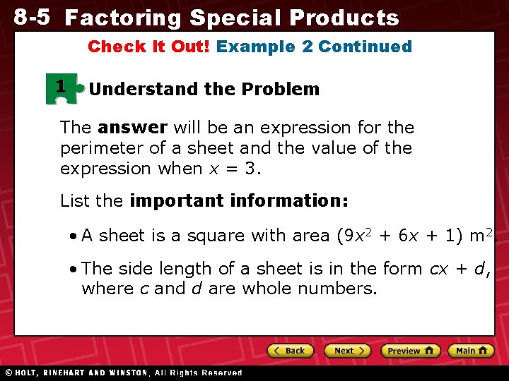 8 -5 Factoring Special Products Check It Out! Example 2 Continued 1 Understand the 8 -5 Factoring Special Products Check It Out! Example 2 Continued 1 Understand the