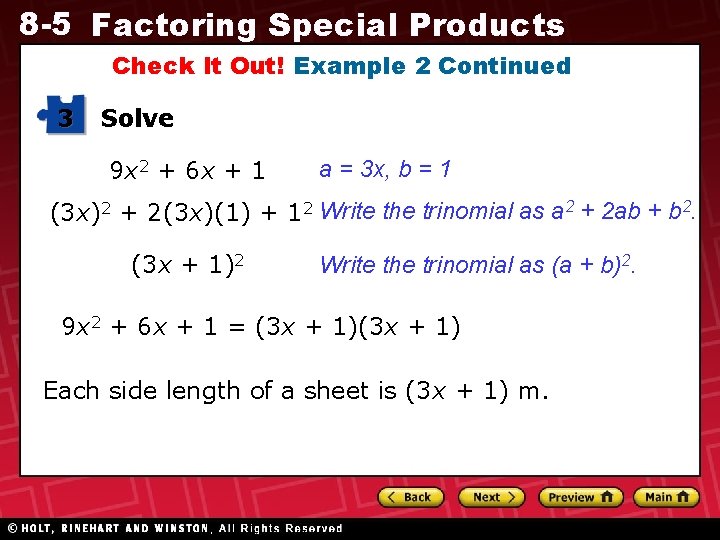 8 -5 Factoring Special Products Check It Out! Example 2 Continued 3 Solve 9 8 -5 Factoring Special Products Check It Out! Example 2 Continued 3 Solve 9